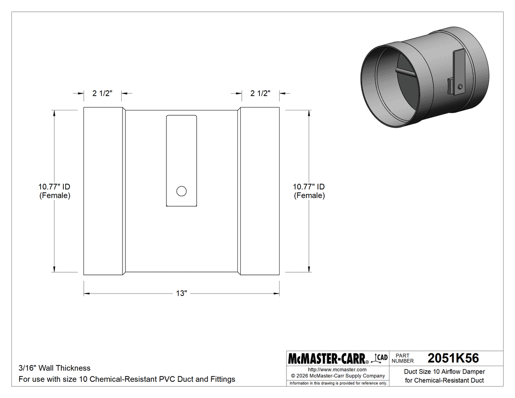 Technical Drawing of Duct Size 10 Airflow Damper for Chemical-Resistant Duct.